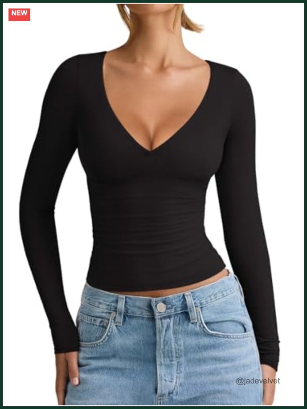 Women's Long Sleeve V-Neck Slim Fit T-Shirt, Stretchy Ruching Top